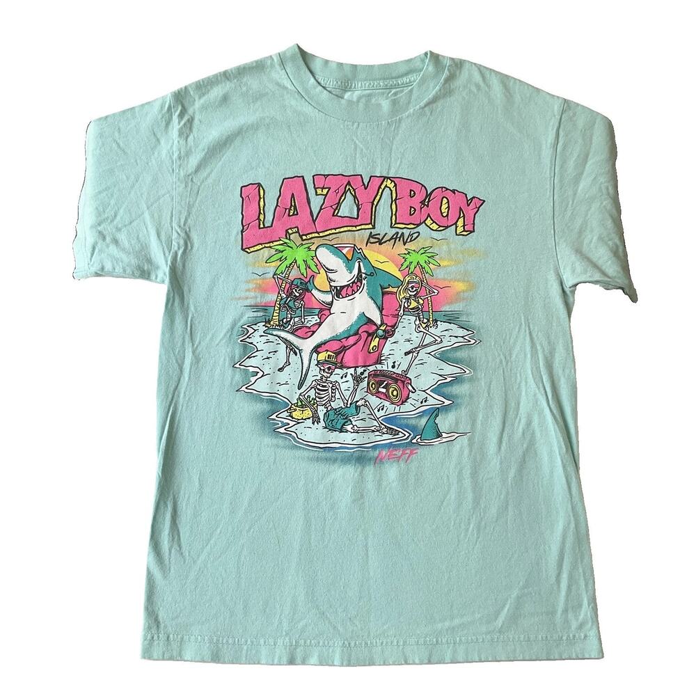 Neff Men Shirt M Aqua Graphic Print Shark Skeleton Tee Short Sleeve Lazy Boy